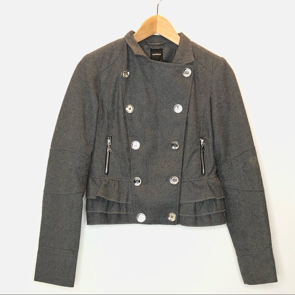 Express Military Gray Double Breasted Peplum Button Jacket
